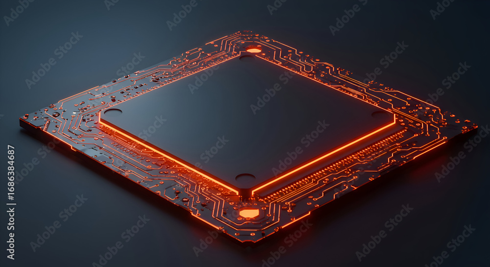 Aufkleber Advanced computer circuit board with glowing red circuits in a dark background. Detailed close-up of a futuristic tech element showcasing intricate circuitry and glowing edges.
