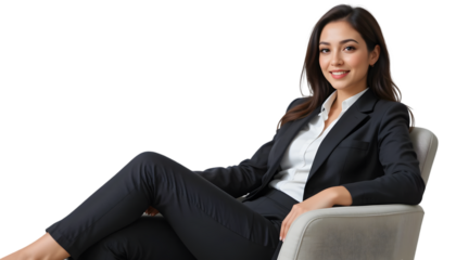 Confident businesswoman sitting in a chair isolated on transparent background