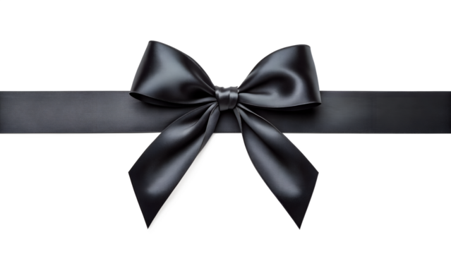 Elegant black silk ribbon bow meticulously crafted and isolated on transparent background presenting a refined and sophisticated element for design.