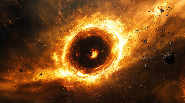 Dramatic cosmic scene of a spinning black hole surrounded by a fiery ring and scattered asteroid field. Intense space phenomenon with vivid colors and deep galactic atmosphere. - Powered by Adobe