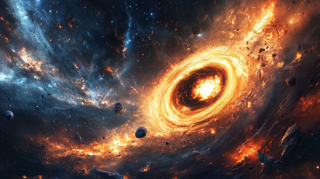 Dramatic cosmic scene of a spinning black hole surrounded by a fiery ring and scattered asteroid field. Intense space phenomenon with vivid colors and deep galactic atmosphere.