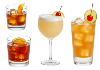 Assortment of alcoholic drinks isolated on transparent background