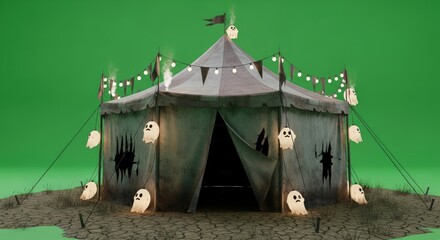 A spooky Halloween circus tent with ghost decorations, creating a creepy and festive atmosphere for a haunted carnival or Halloween event on a green background.