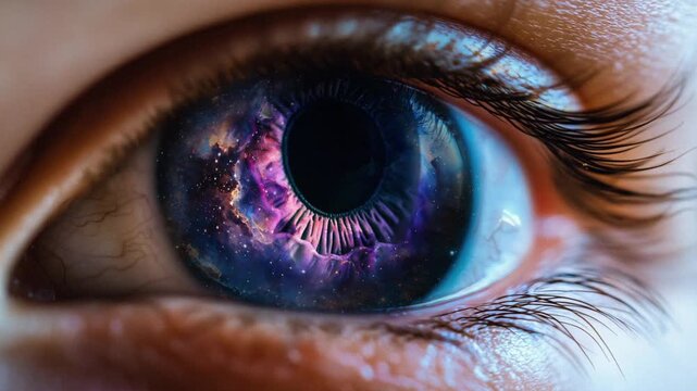 A close-up of a human eye reflecting galaxies and stars in vibrant purple tones. The cosmic imagery symbolizes imagination, exploration, and the infinite universe.