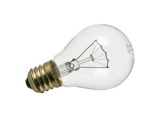 Clear glass light bulb with brass base on transparent background