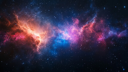 Fototapeta premium Vivid cosmic nebula glowing with colorful stars and radiant light patterns in deep space. Abstract celestial background ideal for science, astronomy, space art, and futuristic digital designs.
