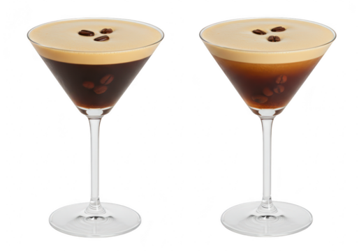 Two espresso martini cocktails isolated on transparent background