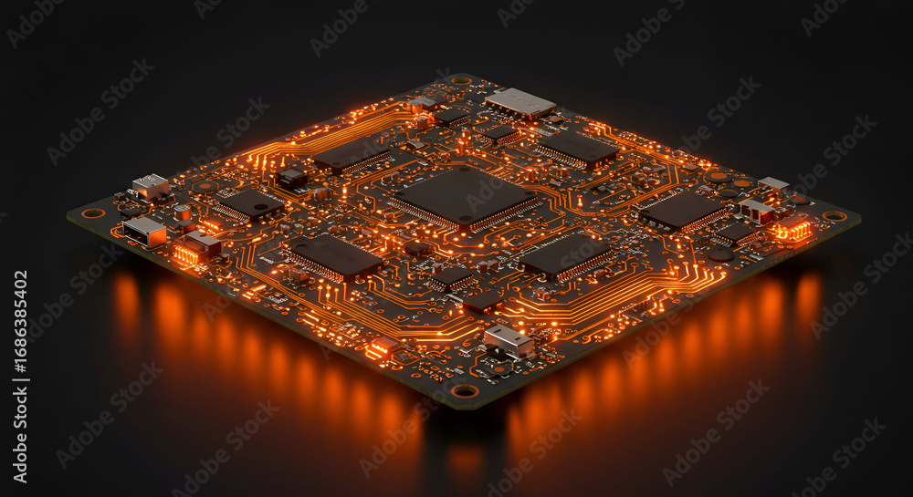 Aufkleber electronic circuit board with orange illuminated pathways. detailed, angled view of the circuit boar