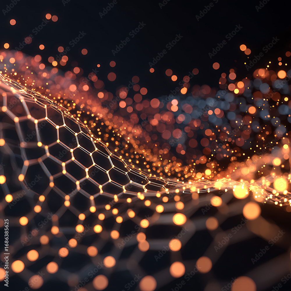 Poster dynamic glowing hexagonal network with vibrant energy particles flowing, symbolizing connectivity an