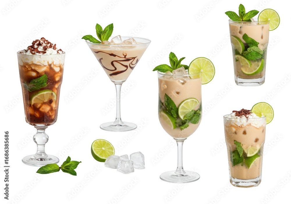 Poster assortment of refreshing cocktails with mint and lime isolated on transparent background