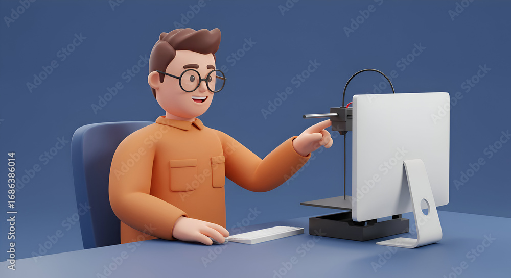Poster young male engineer in orange shirt operating 3d printer at a computer workstation. focused on 3d pr