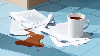 Coffee spill on papers on a tiled floor