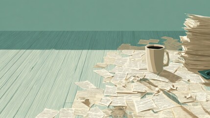 Messy desk with papers and coffee