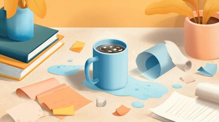 Spilled coffee, messy desk, books, notes