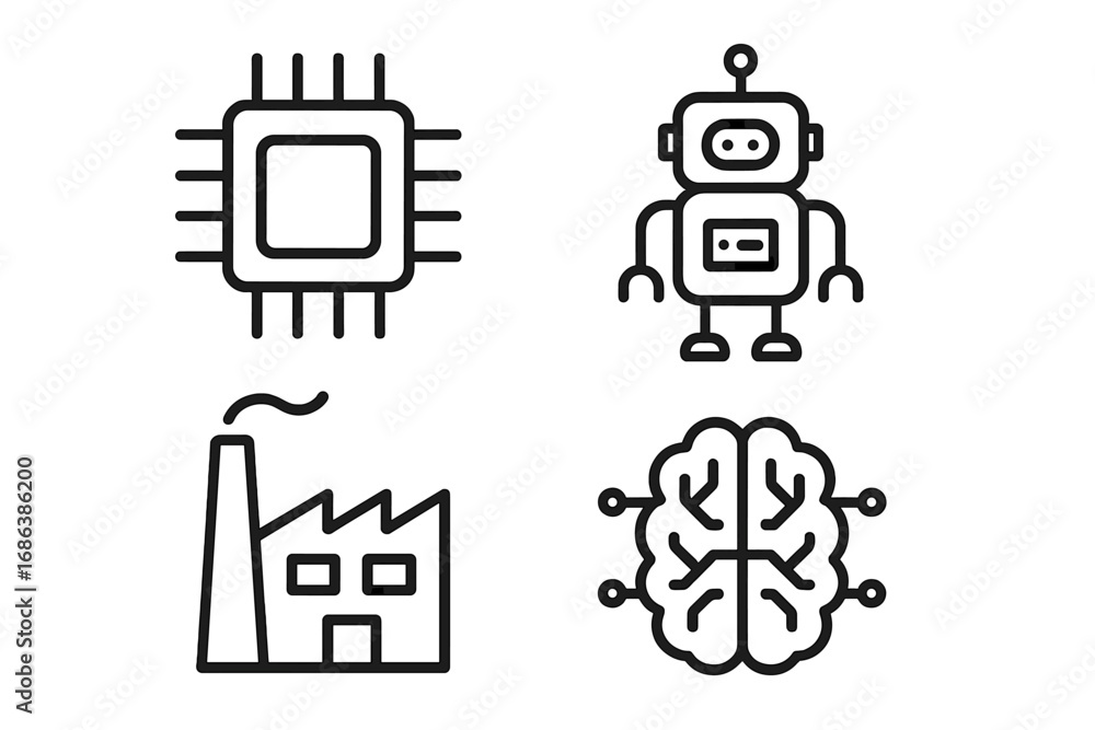 Poster technology line icon set. artificial intelligence, robot, factory, cpu chip. ai, automation, industr