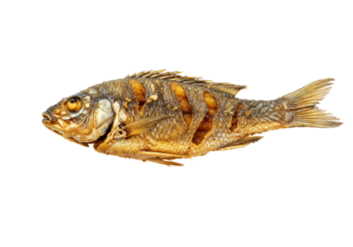 Fried fish with crispy texture and transparent background