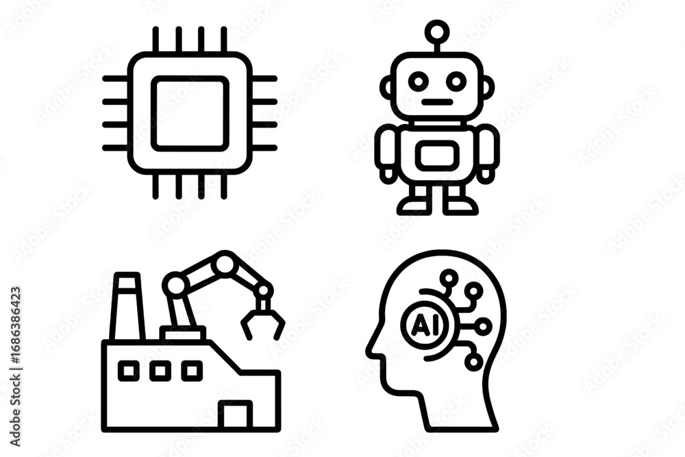 Fototapete technology line icon set with chip, robot, factory, and artificial intelligence symbols. vector outl