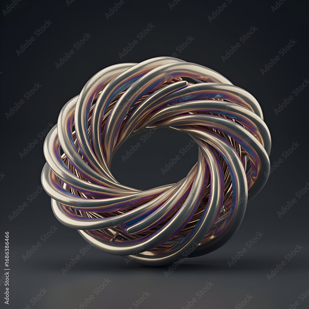 Poster abstract metallic ring design with swirling, overlapping tubes, displaying iridescent colors in a da