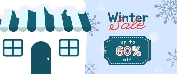 Winter sale promotional banner with snowy store illustration and discount label. Perfect for seasonal sales, Christmas promotions, website headers, and social media ads.