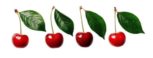 Four ripe cherries with leaves