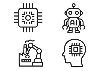 Technology line icon set. Artificial intelligence, robot, chip, and factory automation signs. Vector concepts for machine learning, cybernetics, processor and industry.