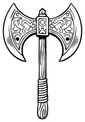 Ancient battle axe with ornamental carvings on the head and a wrapped wooden handle, a powerful weapon icon.