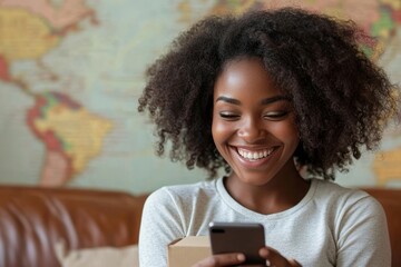 Happy African American young woman sitting on a sofa at home, holding an open delivery package box and using her mobile phone, smiling as she enjoys the excitement of a new, Generative AI