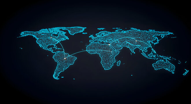Global digital network map with glowing circuit board design. World map visualization showcasing global connectivity. - Powered by Adobe