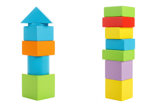 Two stacks of colorful wooden blocks isolated on transparent background
