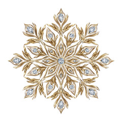 Ornate golden snowflake adorned with sparkling gems.  A complex, symmetrical design with gold-toned, intricate leaf-like patterns surrounding a central diamond-studded medallion