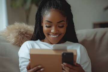 Happy African American young woman sitting on a sofa at home, holding an open delivery package box and using her mobile phone, smiling as she enjoys the excitement of a new, Generative AI