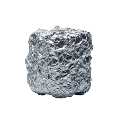 Fototapeta premium A single crumpled silver aluminum foil piece, intricately folded with shimmering ridges, in sharp focus against a transparent studio background with creamy soft-focus bokeh, abstract artistic study of