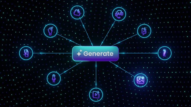 AI generation concept with glowing "Generate" button and technology icons surrounding it, visualizing artificial intelligence capabilities in media creation, automation, and content tools.