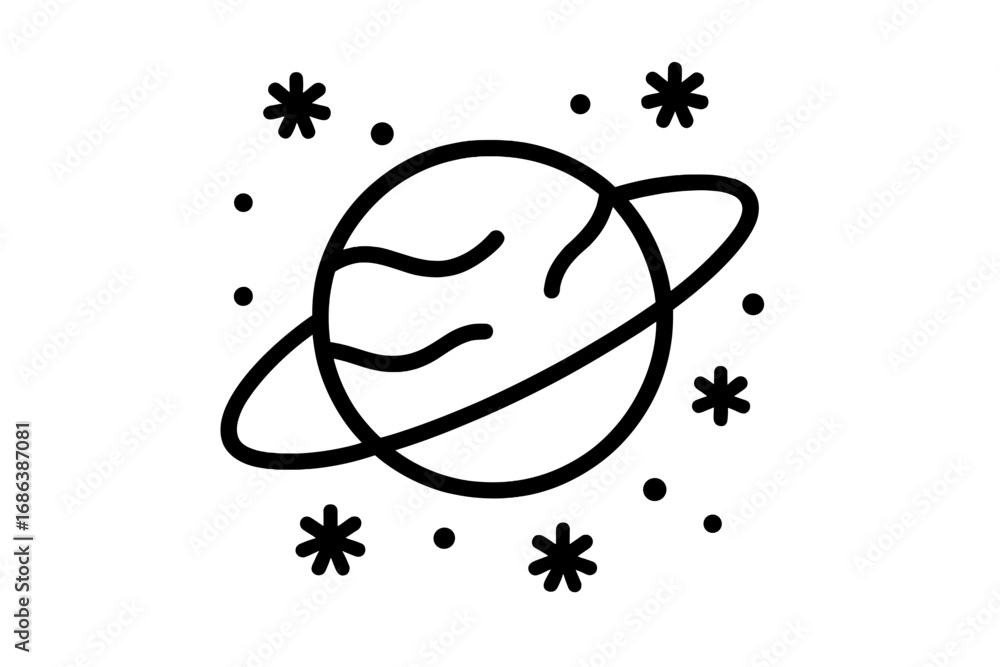 Poster planet with rings icon in a simple outline style. saturn symbol for an astronomy or astrology concep