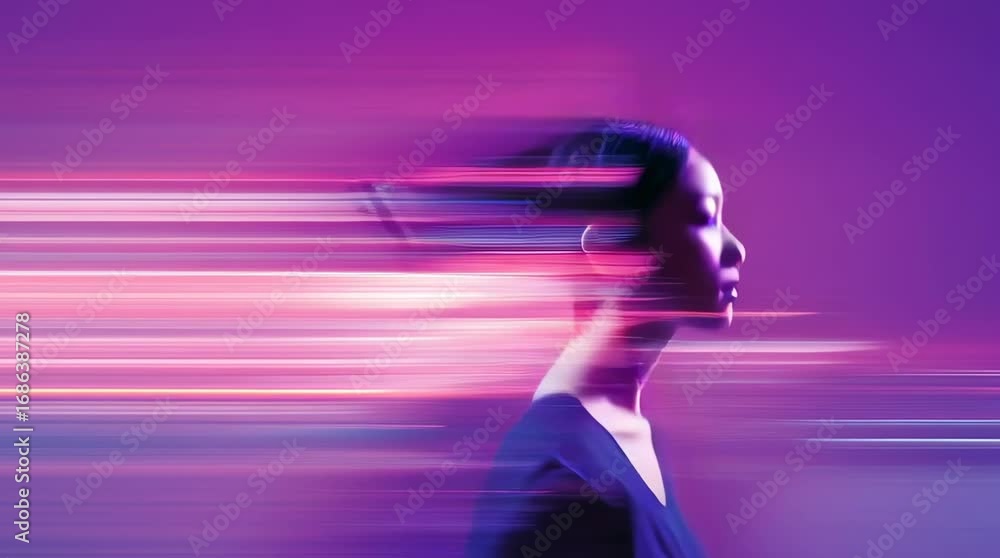 Poster side profile of a woman with dynamic motion blur and glowing neon streaks creating a futuristic abst