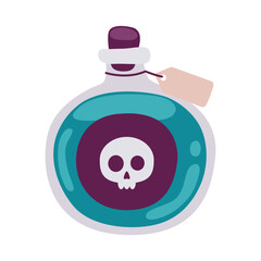 Halloween potion bottle. Glass bottle with blue poison, potion, elixir and a label with a skull.