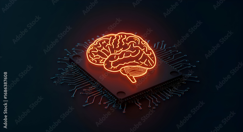 Poster a glowing orange brain graphic sits atop a computer chip with intricate circuit lines, showcasing th