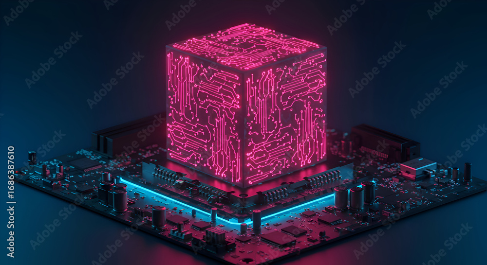 Aufkleber a glowing cube with circuit board design atop a detailed circuit board. abstract technology structur