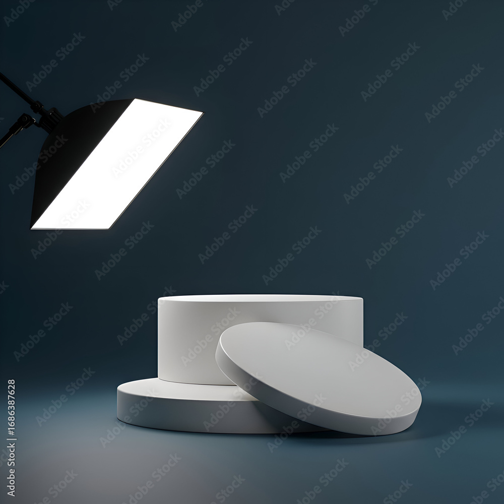 Poster white cylindrical podiums with studio lighting. empty display platform against a dark backdrop. prod
