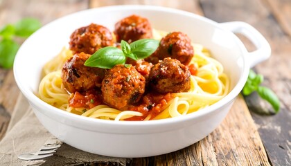 Spaghetti and meatballs in a white bowl