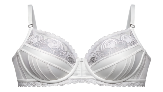 Elegant white bra design featuring intricate floral lace details and delicate straps isolated on transparent background