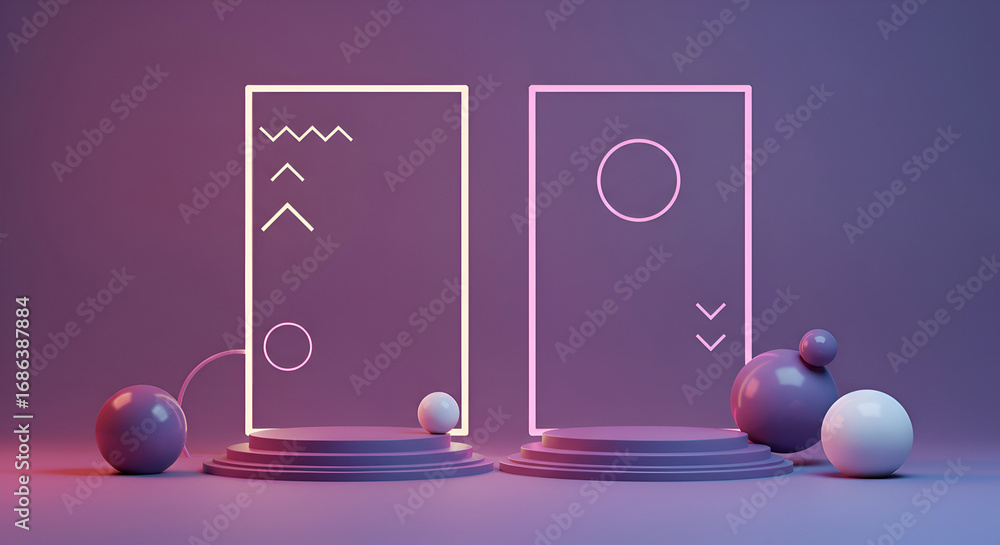 Poster modern product display with two tiered platforms in a studio setting. geometric shapes and gradient 