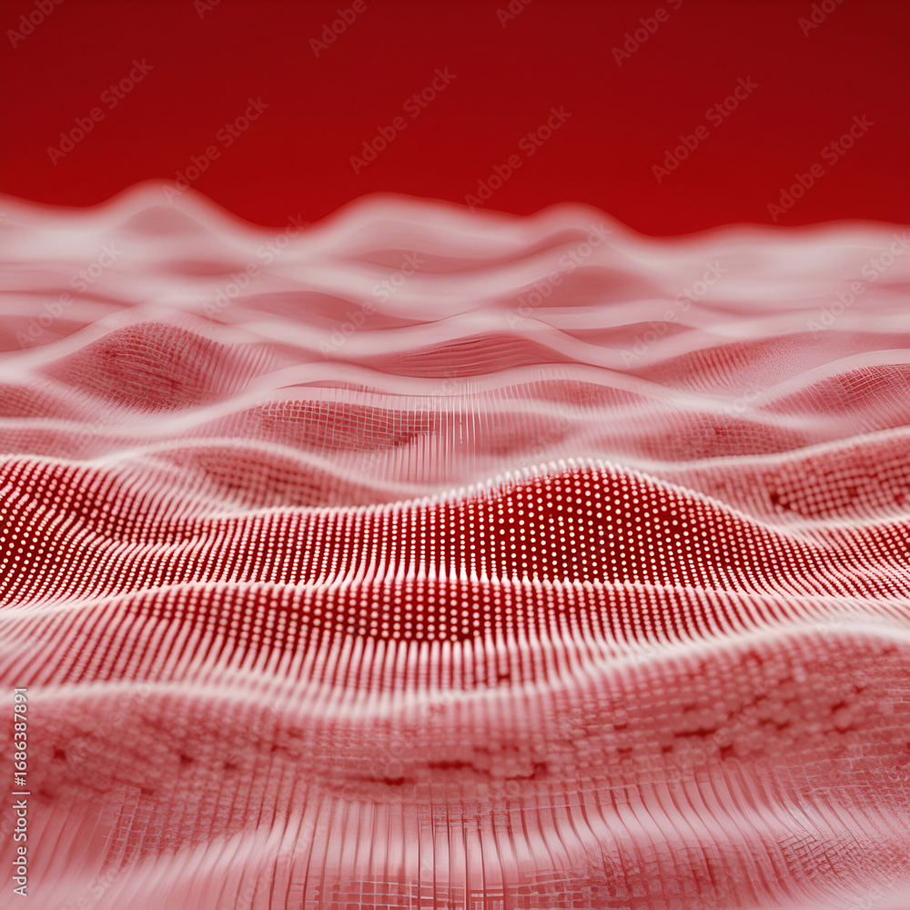 Poster abstract data visualization of undulating surface with red background. 3d rendering of a flowing, or