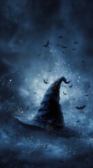 Enchanted Halloween Witch Hat Background with Floating Bats and Magic Sparkles,generative ai