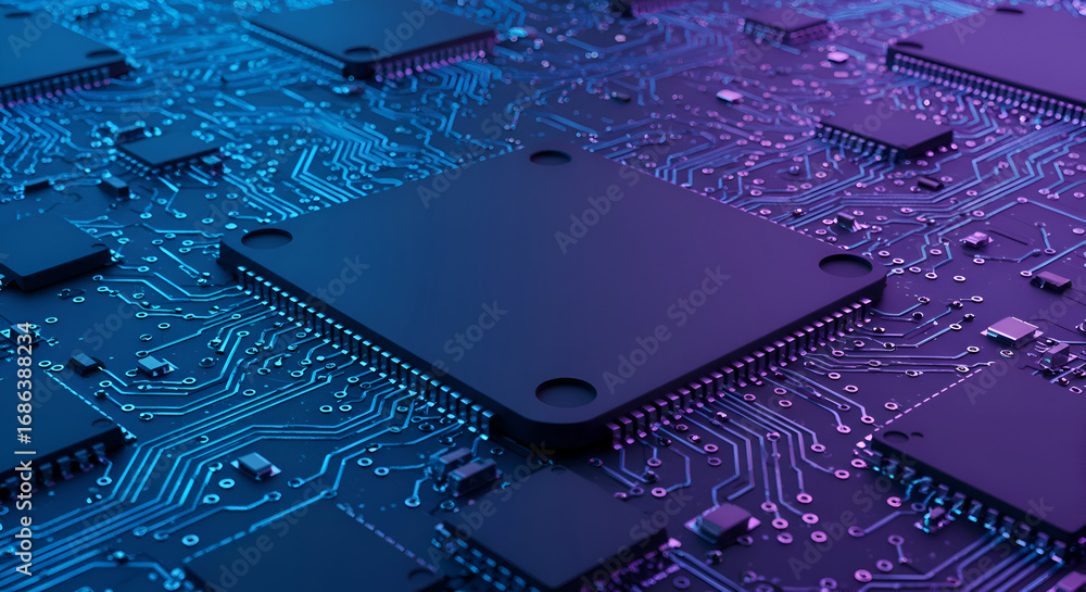 Poster abstract close-up of circuit board with detailed microchips in a technological setting. intricate pa