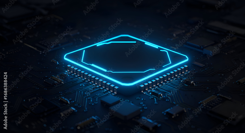 Poster a detailed circuit board with a glowing blue processor chip. high-tech components in a dark, complex