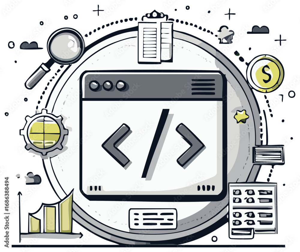 Fototapete digital coding and data analysis concept with technology elements and financial growth symbols