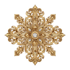 Ornate gold snowflake design with gemstones.  A symmetrical, detailed golden  ornamental snowflake pattern, featuring intricate carvings and  gemstones
