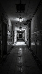 dark abandoned hospital hallway with eerie atmosphere