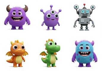 Fototapeta premium Cute Colorful Cartoon Monsters and Robots Collection